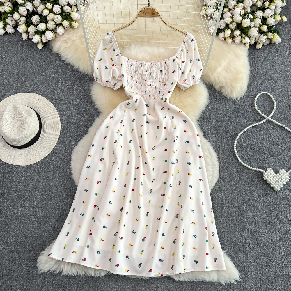 Sommerkleid mit Blumenmuster, langem Rock, Puffärmeln, quadratischem Kragen, A-Linien-Kleid 924