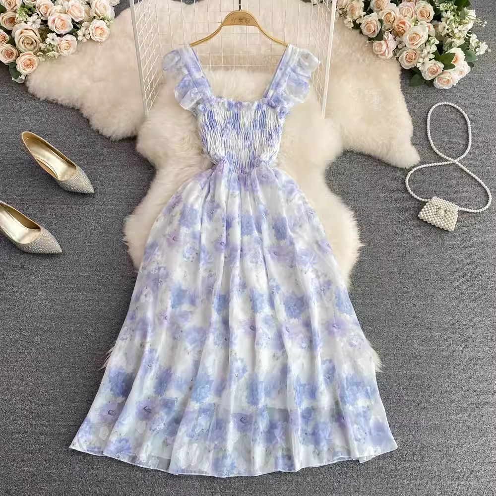 Süßer Blumen-Spaghettiträgerrock, Sommer-Print, A-Linien-Kleid, elegantes langes Kleid 931