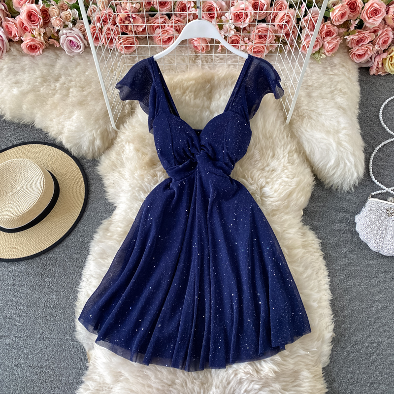 Sommerliches französisches Retro-Kleid mit Pailletten, V-Ausschnitt, A-Linien-Kleid 932