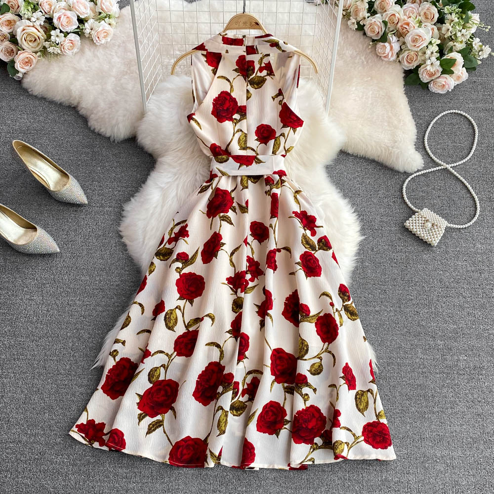 Vintage Print V-neck Mid-length Dress 935