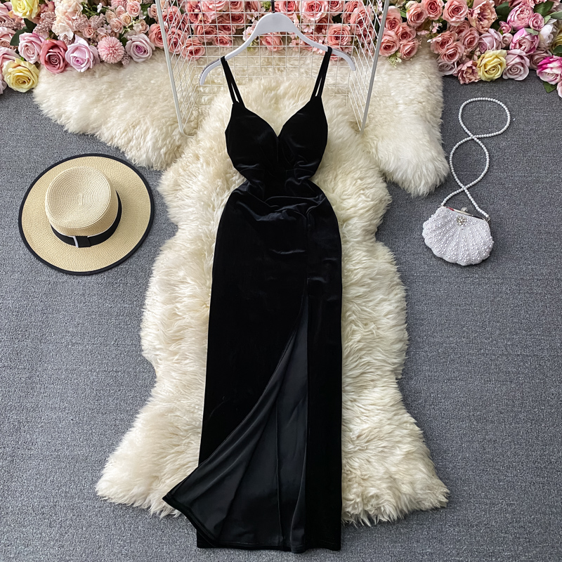Vintage Samtkleid mit Spaghettiträgern, V-Ausschnitt, Abendkleid mit Schlitzen 938
