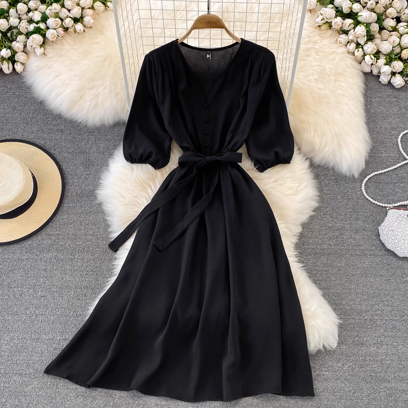 Sommer Retro V-Ausschnitt Langer Rock Hohe Taille Langarm Kleid 942