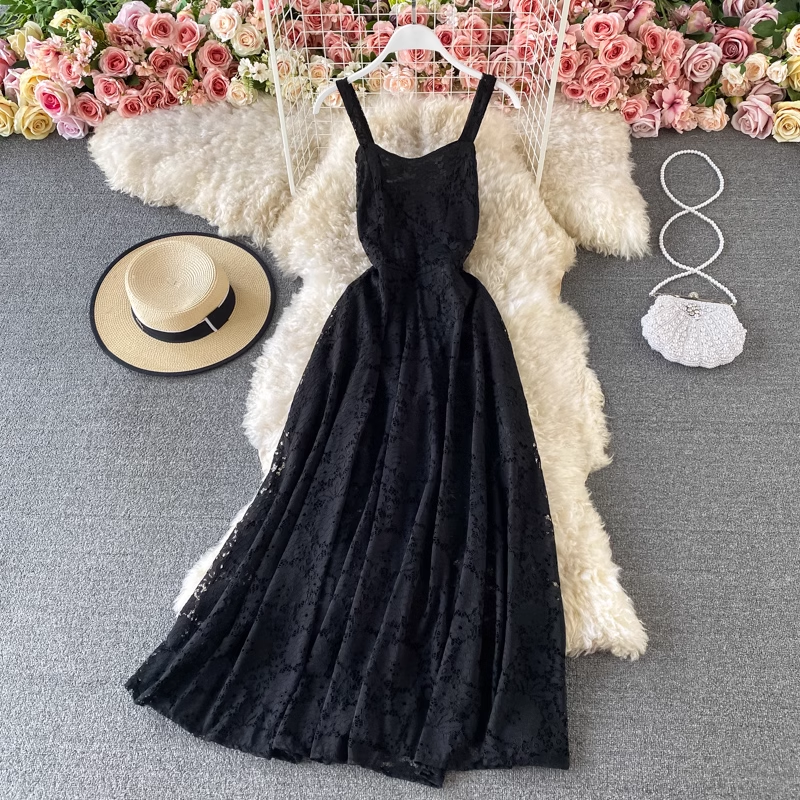 Retro-Fee-Spaghettiträgerrock, rückenfreies, mittellanges Sommerkleid mit Spitze 943