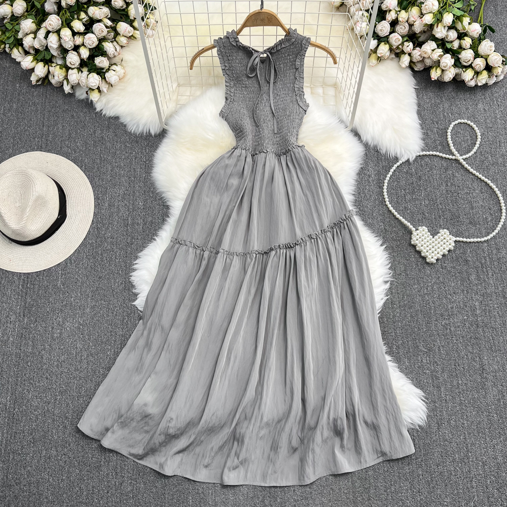 Ärmelloses, rundes A-Linie-Rüschenkleid, Sommerlanger Rock 947