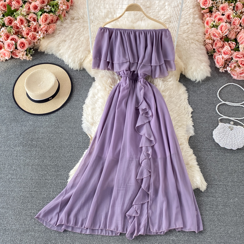 Schulterfreies Chiffonkleid mit Rüschen für den Sommer, langer Rock 951