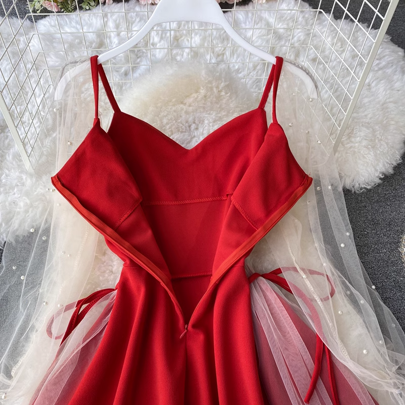 Sommerkleid mit Puffärmeln, V-Ausschnitt und Netzstoff, perlenbesetztes A-Linien-Kleid 955