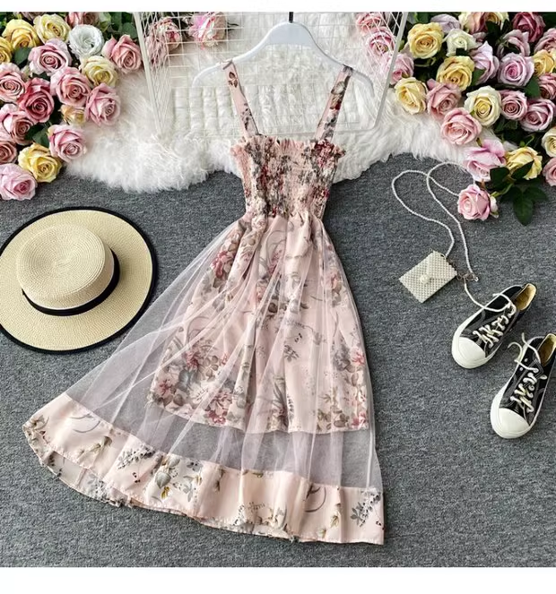 Sommer Neues Mesh Langes Kleid Spaghettiträger Kleid 956