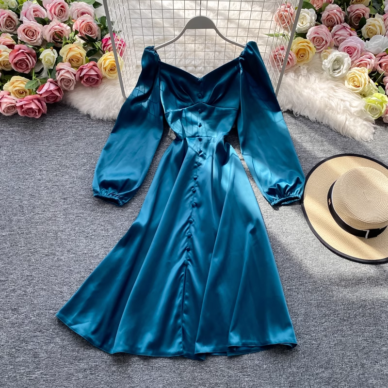 Französisches mittellanges Kleid mit V-Ausschnitt, langärmeliges Sommerkleid 960
