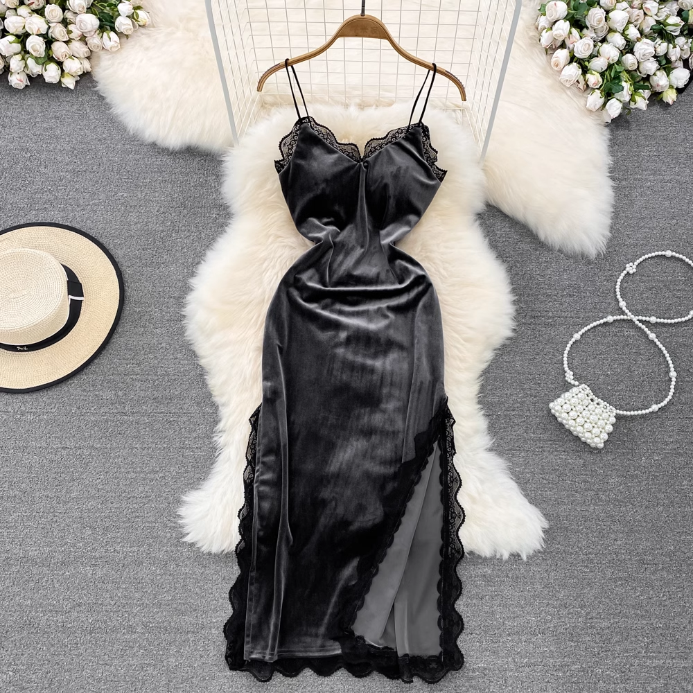 Vintage-Kleid mit Spaghettiträgern, geschlitztes Samtkleid 962