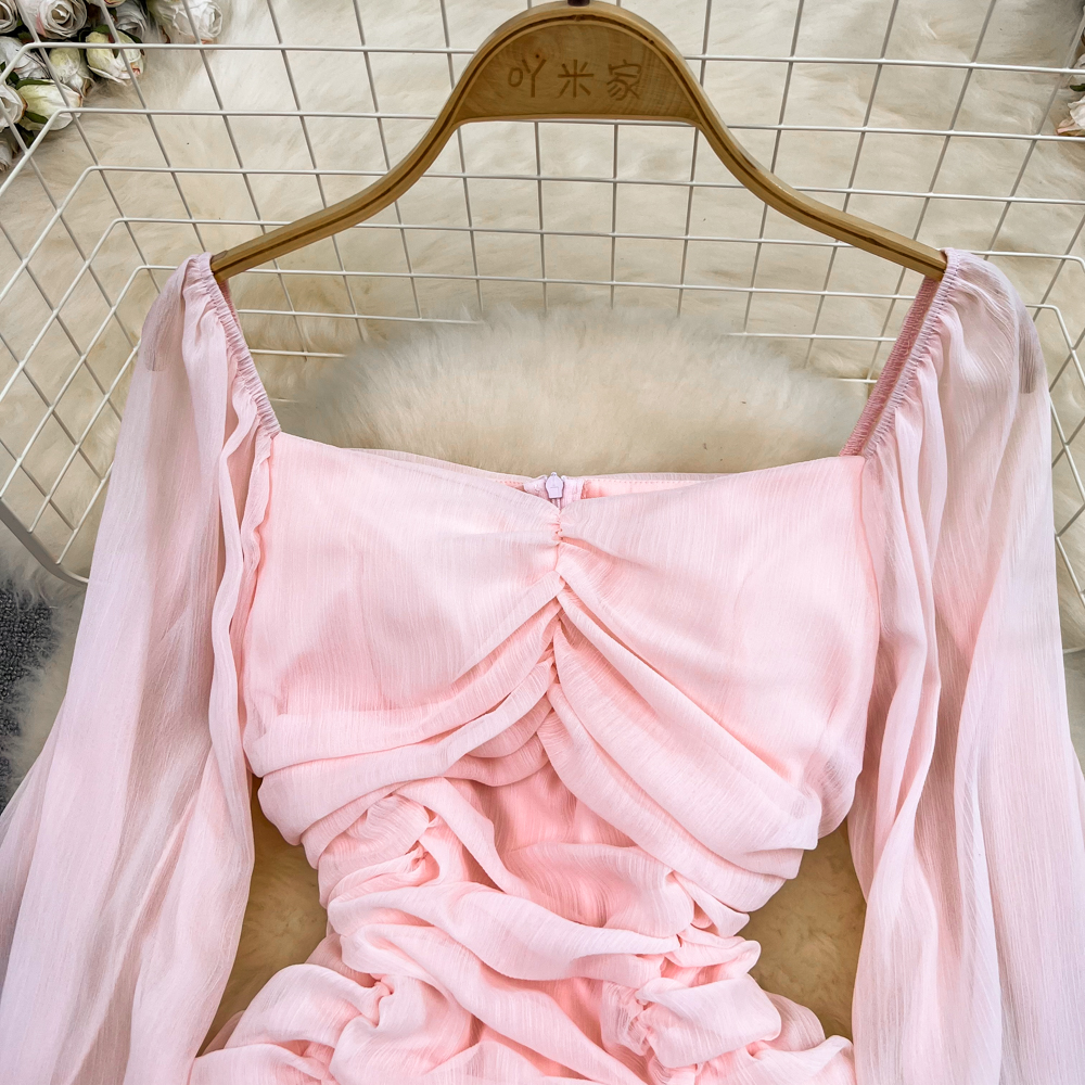 Laternen-Langarm-Chiffonkleid mit quadratischem Ausschnitt 963