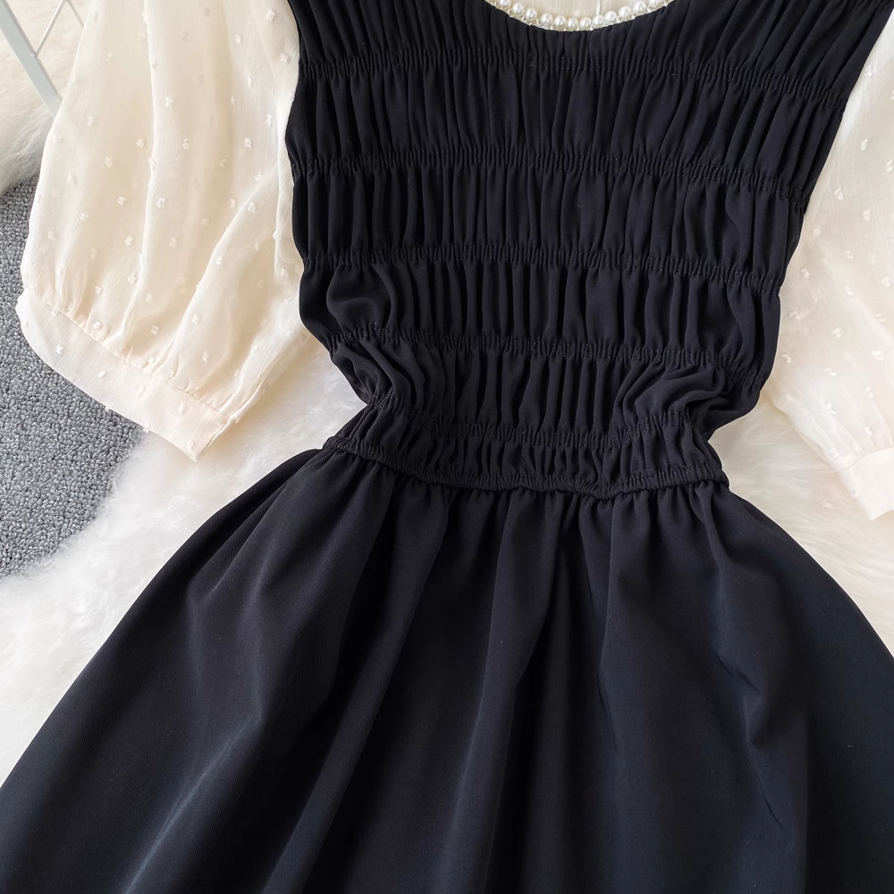 Retro-Bubble-Kurzarmkleid mit quadratischem Ausschnitt, mittellanges A-Linien-Kleid 964