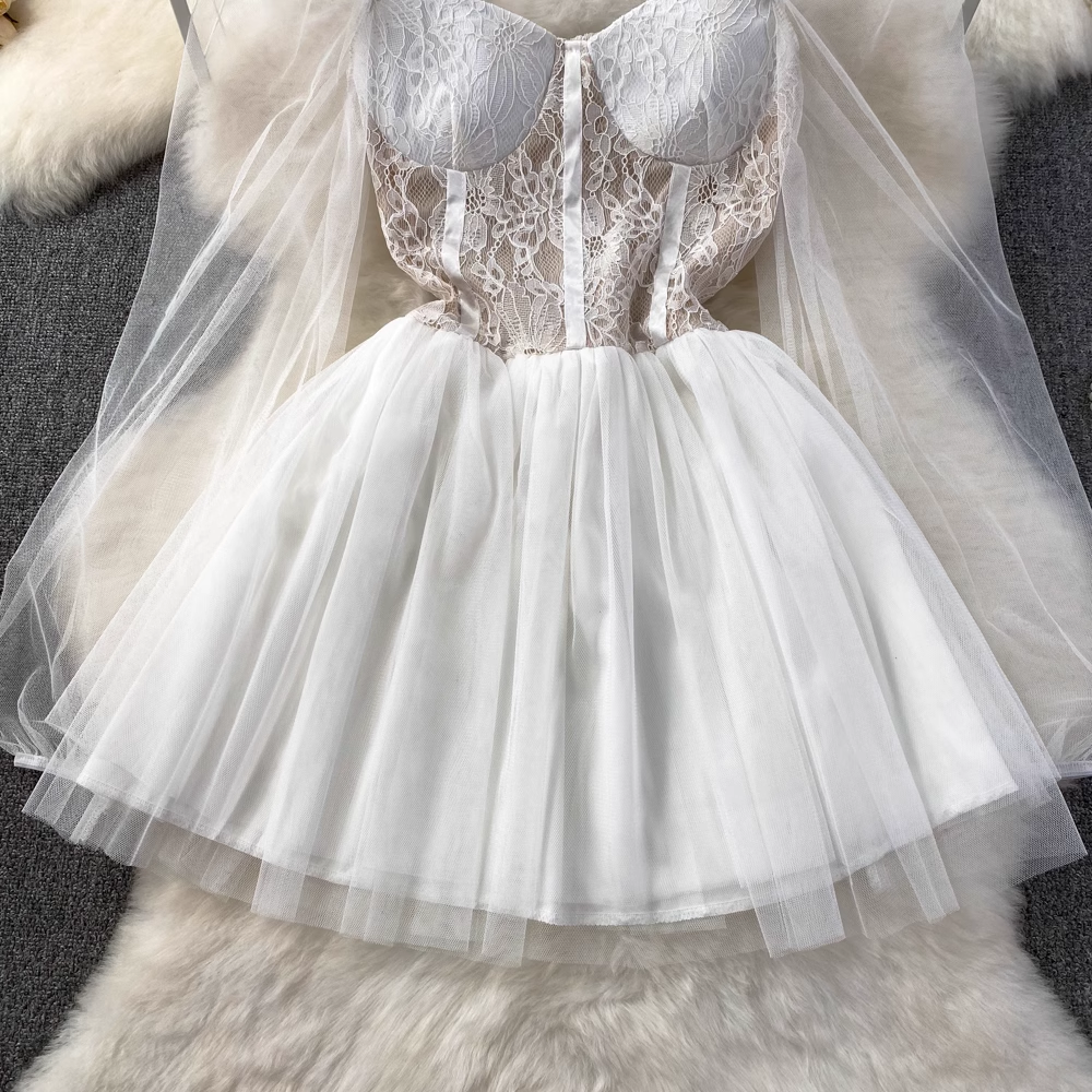 Long-sleeved Square Neck Mesh A-line Fluffy Princess Dress Summer 965