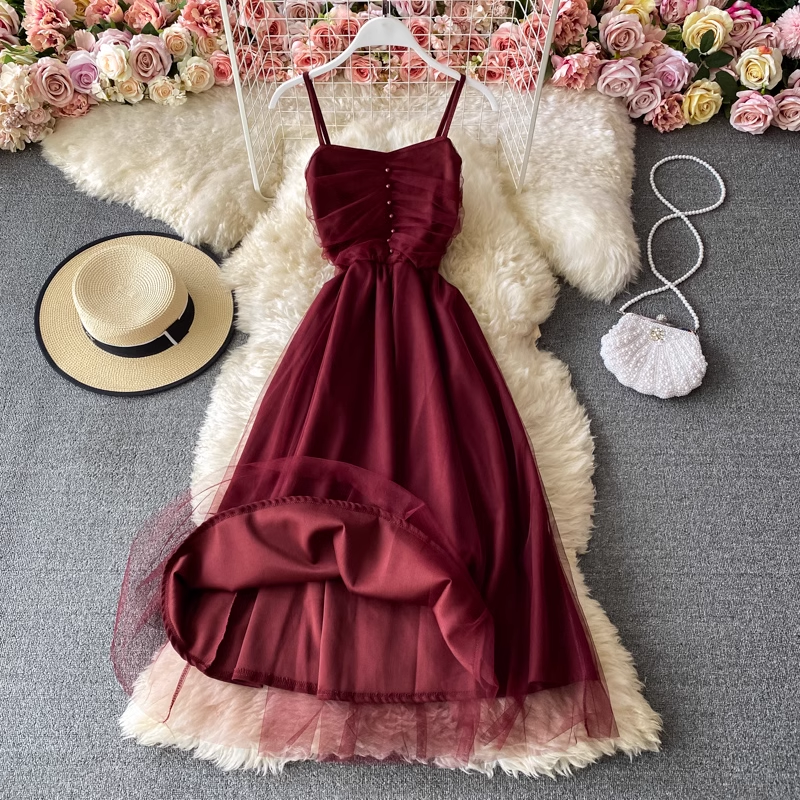 Französisches ärmelloses Kleid, Spaghettiträger, Feen-Tüll, langes Kleid 967