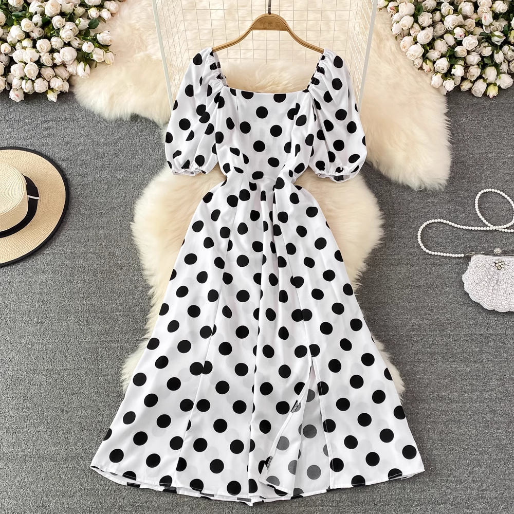 Summer Bubble Sleeves Dress High Waist Mid-length Slit A-line Dress 973