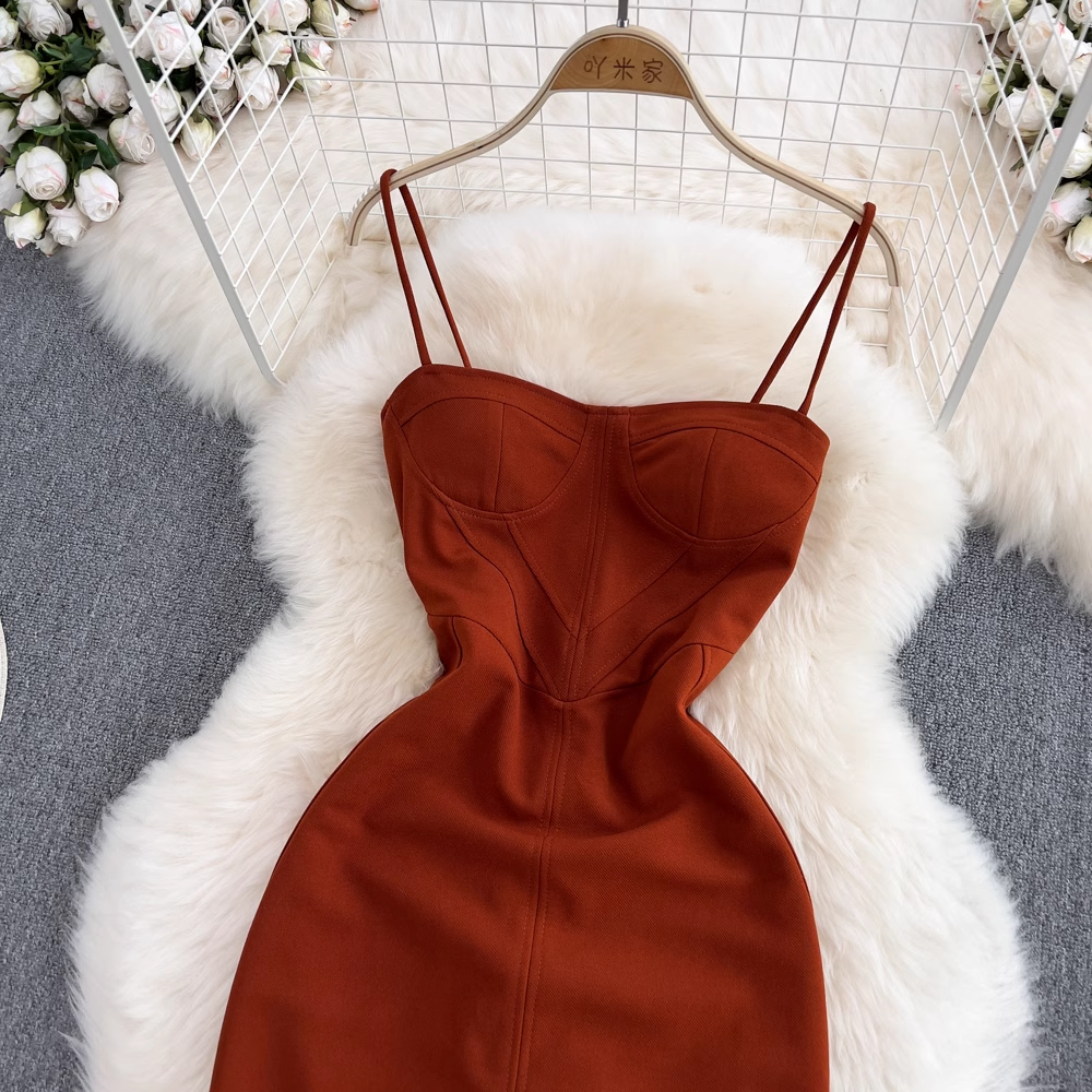Sommerkleid mit Spaghettiträgern, ärmellos, rückenfrei, Etuikleid mit Schlitz 975