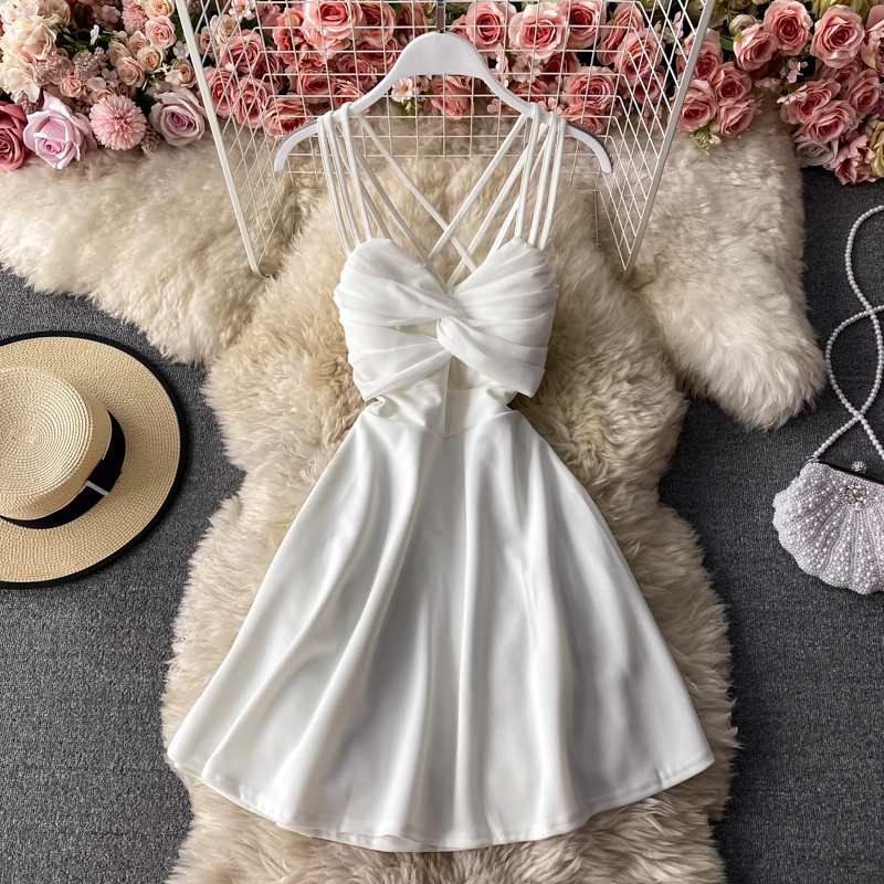 V-neck Backless Sleeveless Skirt A-line Short Dress 976