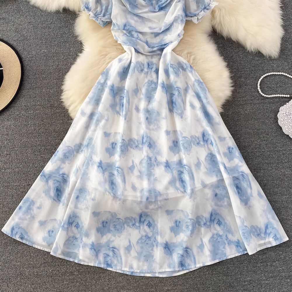 Summer Retro Square Collar Puff Sleeve Skirt Printed A-line Fairy Dress 979