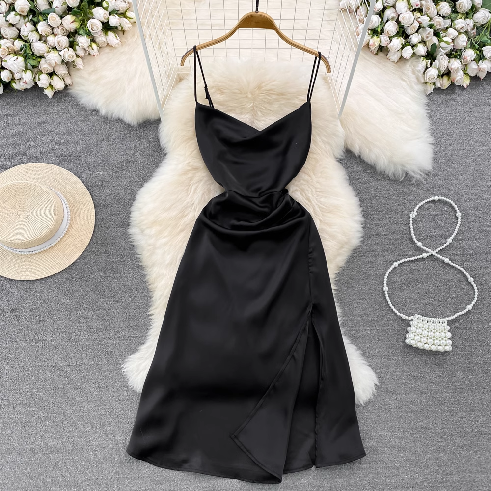 Summer French Retro Spaghetti Strap Satin Slit Dress 990