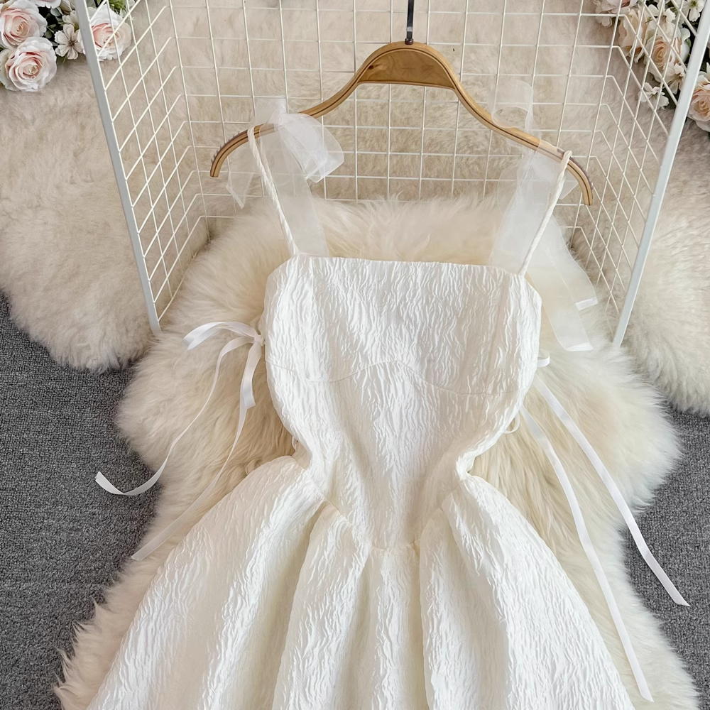 A-Linien-Kleid mit Schleifenknoten und Trägern, französischer Sommerrock 992