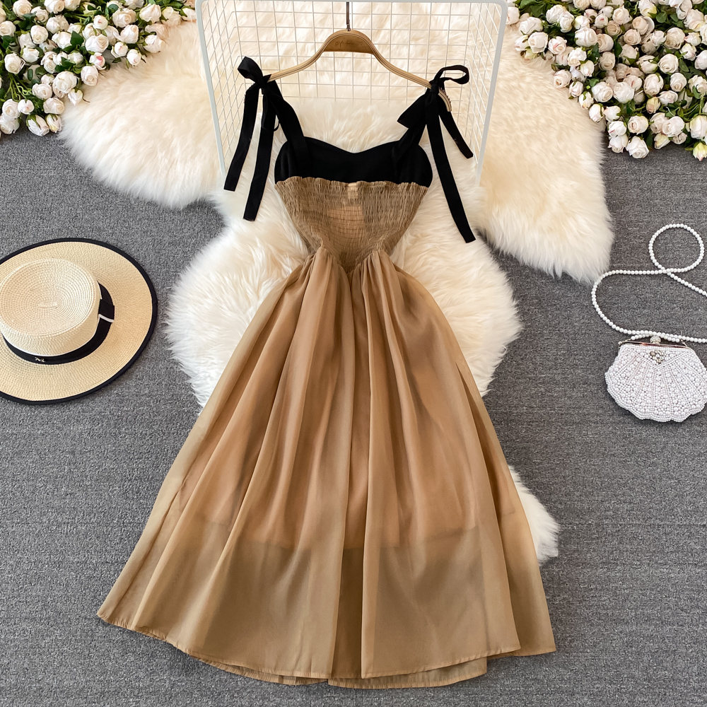 French Retro Spaghetti Strap Skirt High Waist Backless Dress 996