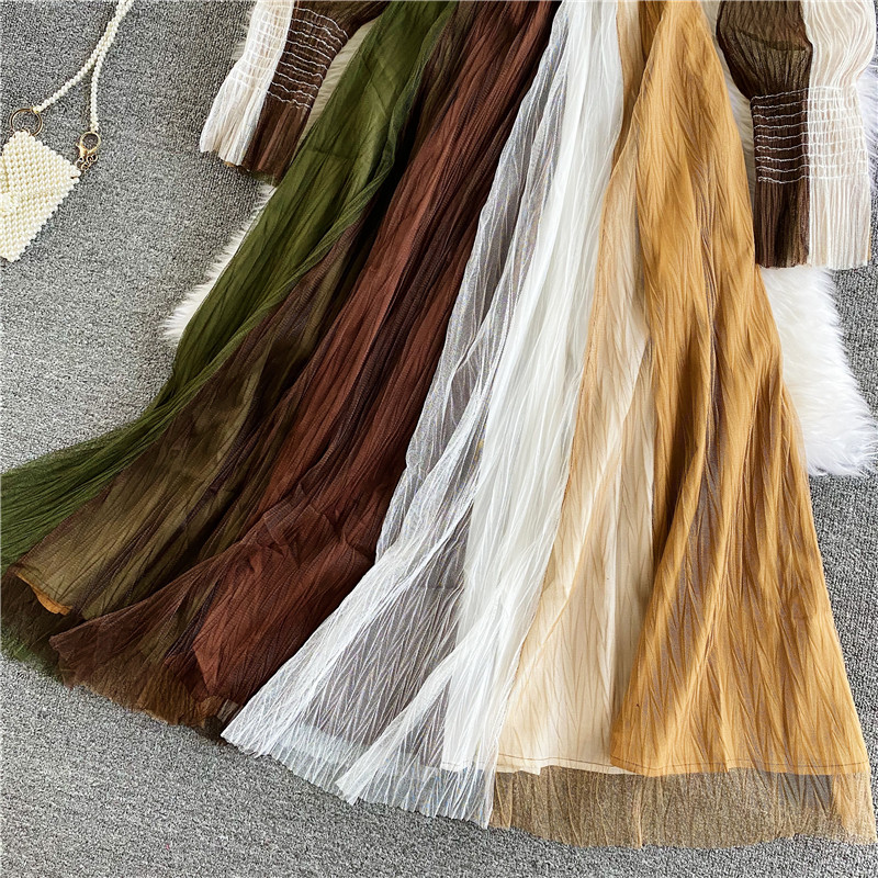 Langärmliges Mesh-Kleid mit POLO-Kragen, großes Swing-Kleid 997