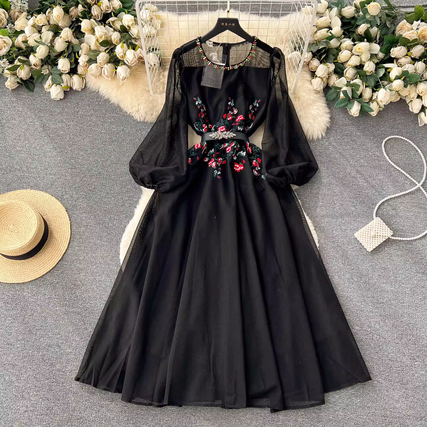 Langarmkleid mit besticktem Mesh und Perlen, Herbstfeenkleid 999