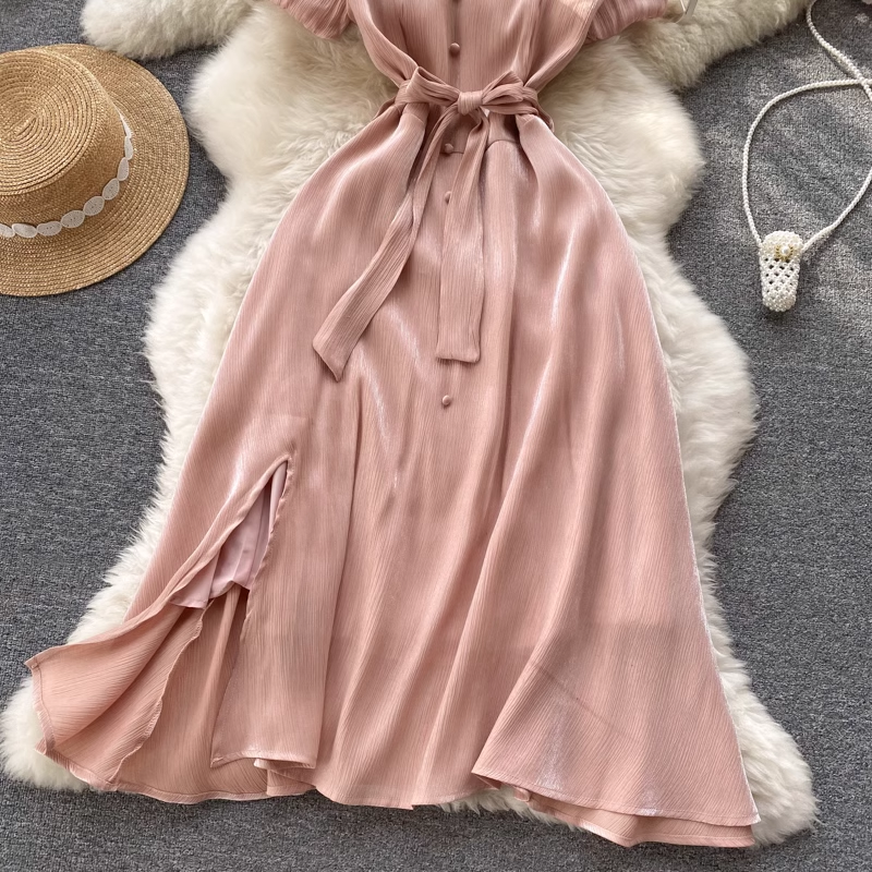 Langes Sommerkleid mit V-Ausschnitt French Love Retro-Schlitzkleid 1006
