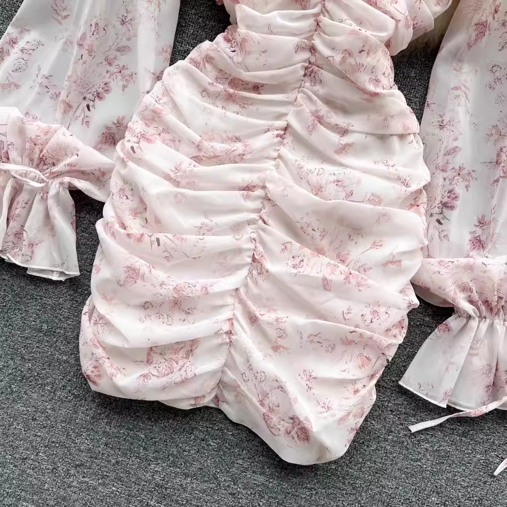 Rosa Blumenfeenkleid Sommer Chiffon V-Ausschnitt schmaler Rock 1007