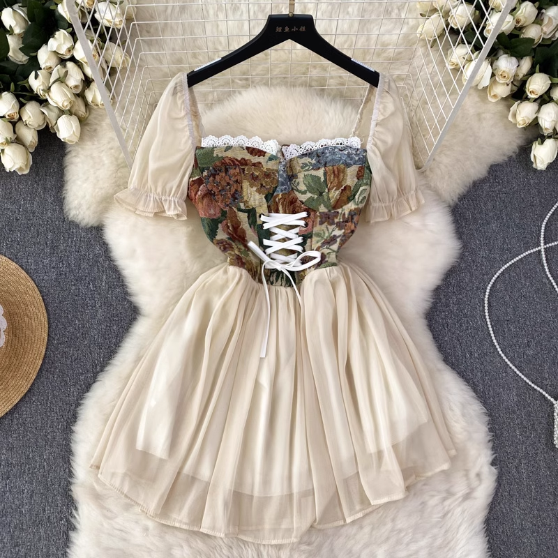 Sommer Ölgemälde Puffärmel Puffy Prinzessin Kleid 1036