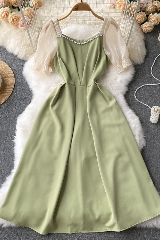 Perlenbesetztes Chiffonkleid in A-Linie für Damen, Sommerrock mit kurzen Ärmeln 1189