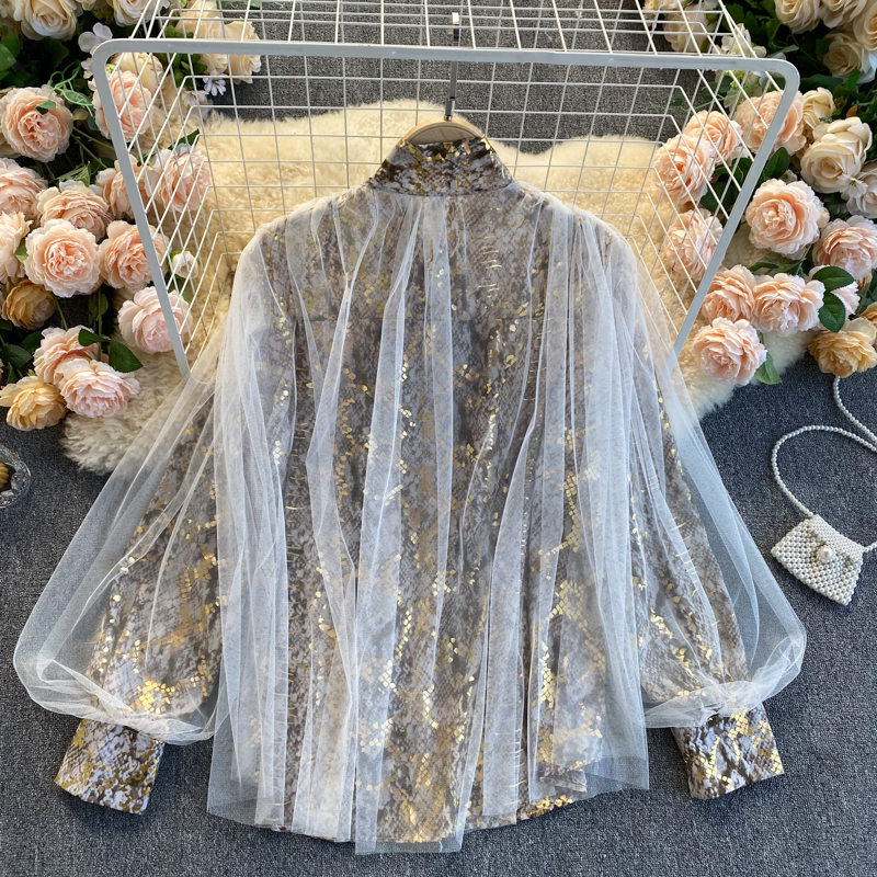 Ladies Mesh Balloon Sleeve Loose Retro Top 1026