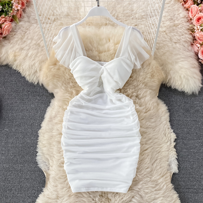 Summer Sexy High Waist Square Neck Sheath Dress Short Sleeves Party Dress Skirt 1330