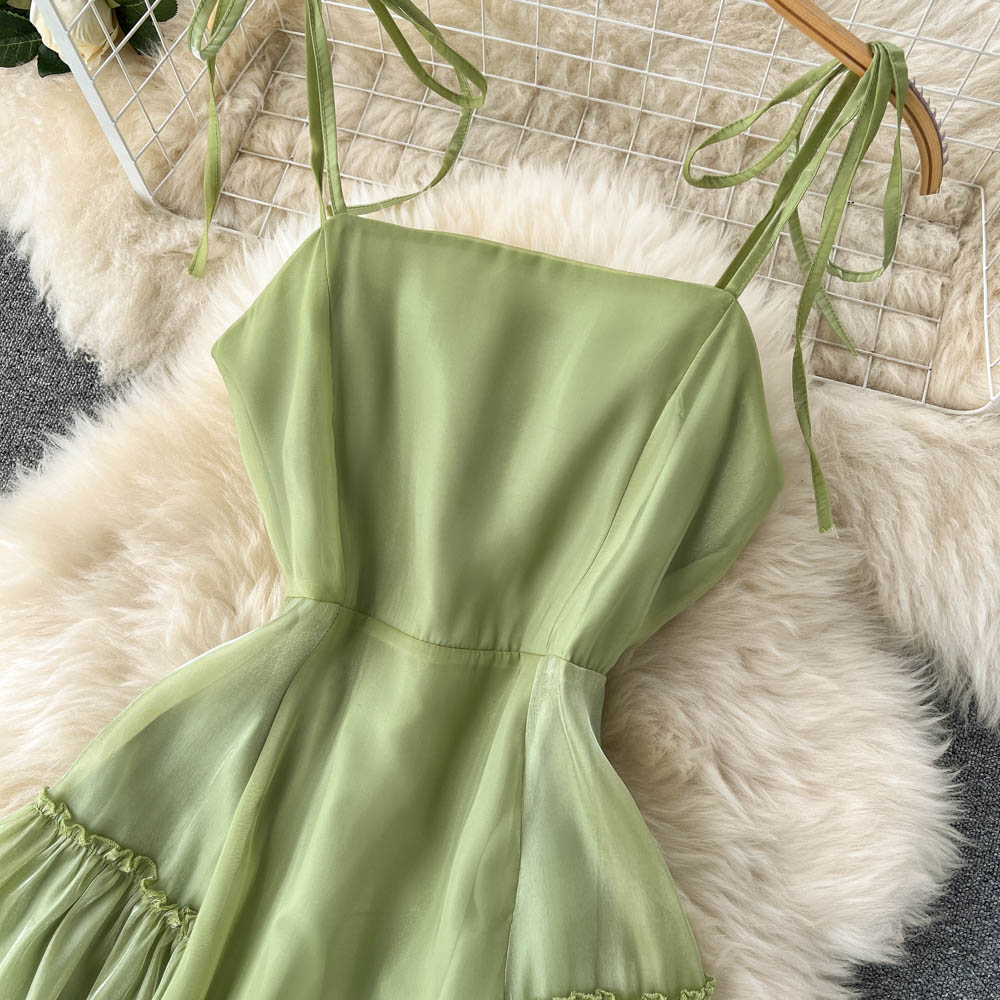 Sommerliches Rüschen-Hosenträgerrock Mittellanges Feen-Chiffon-Plisseekleid 1163