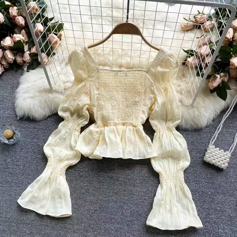 Elegant Puff Sleeve Ruffle Cropped Top 1037