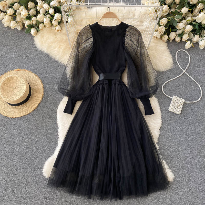 Retro-Mesh-Strickkleid mit langen Ärmeln und Faltenrock mit langen Ärmeln 1236