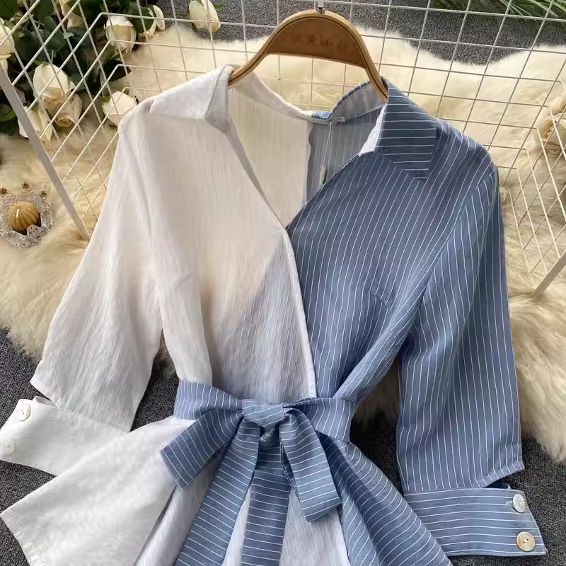 Vintage Striped Shirt Irregular Ruffled Cropped Top 1035