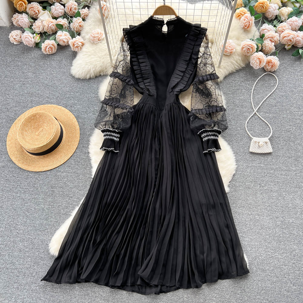 Schwarzes Mesh-Langarmkleid für Damen, eleganter Faltenrock 1228