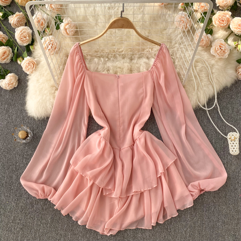 Sexy V-Ausschnitt Puffärmel Chiffonkleid Lange Ärmel Sommerkleid 1148