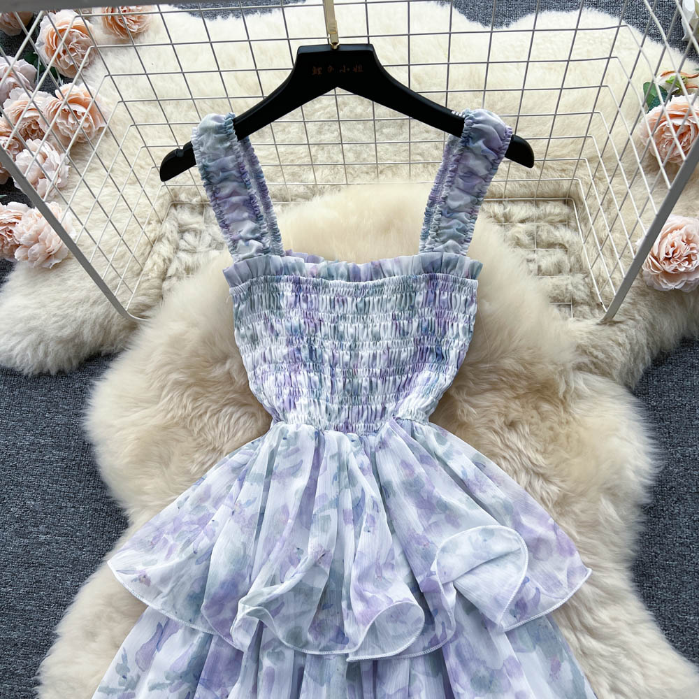 Süßes florales Sling-Kleid, Sommerfeen-Schichtkuchenkleid 1113