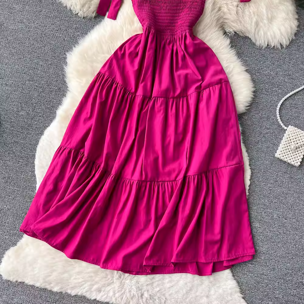 Rose Red Summer Retro Dress A Line Sling Skirt 1247