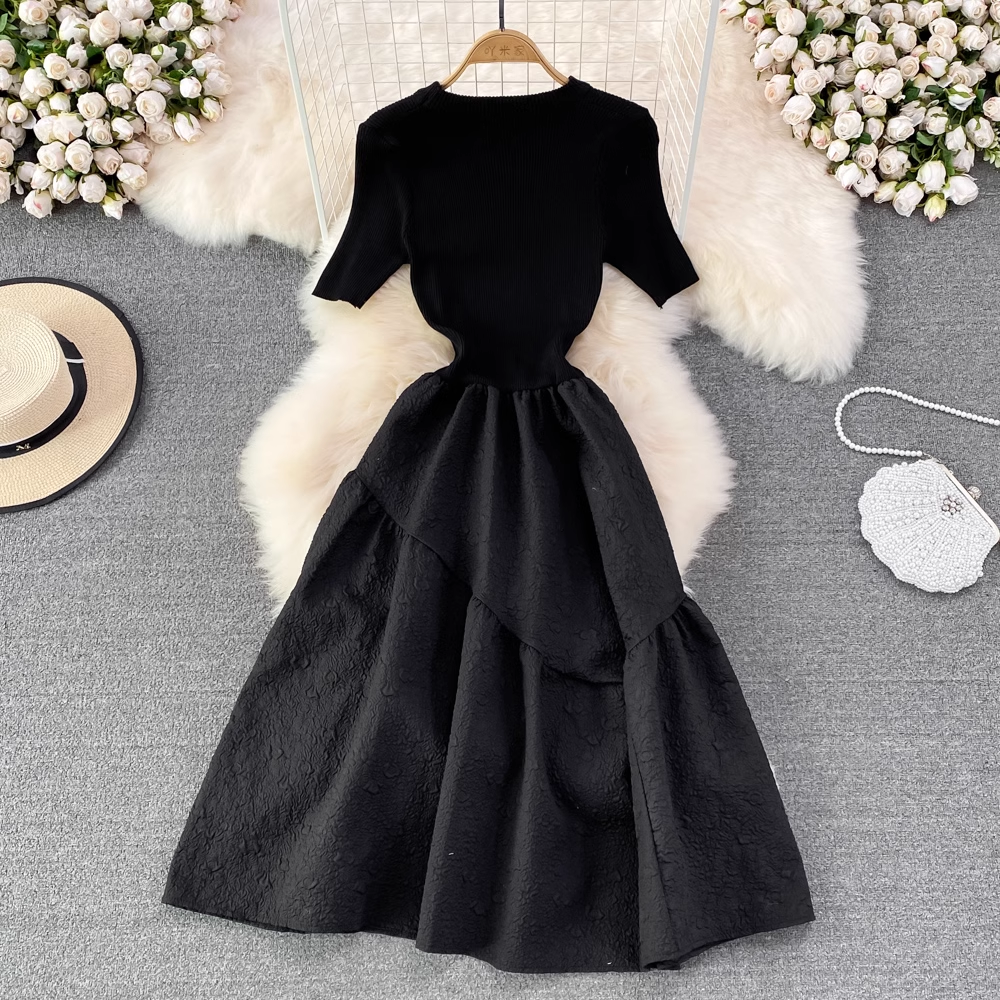 Damen-Strickkleid in A-Linie mit Rundhalsausschnitt, elegant, mit kurzen Ärmeln und langem Rock 1284