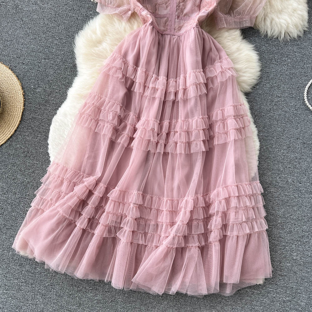 Sommerrosa geschichteter Netzrock mit kurzen Ärmeln, feenhaftes süßes Kleid 1216