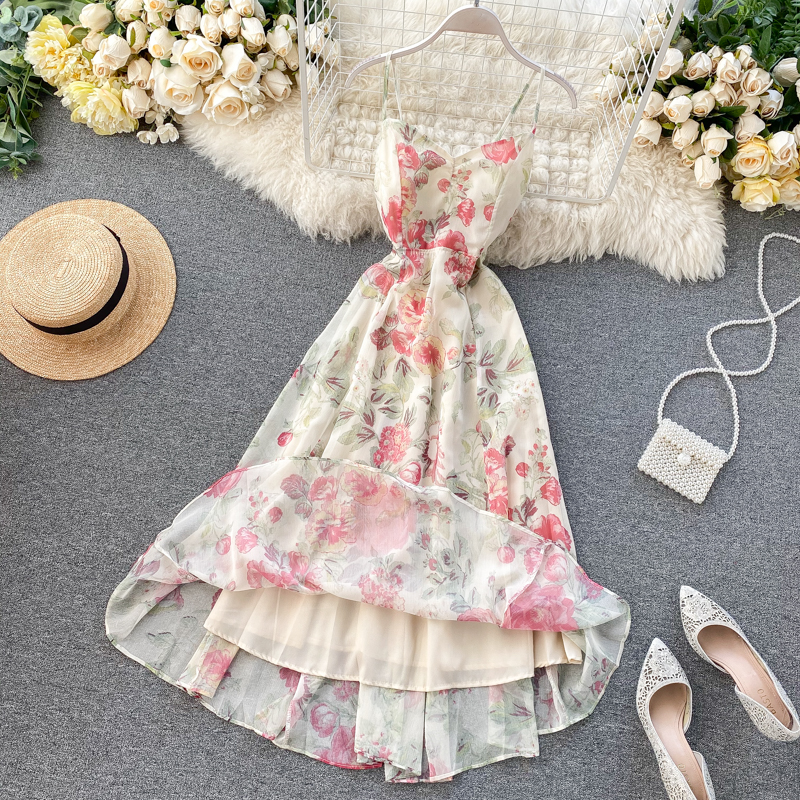 Sexy Kleid mit rückenfreiem Träger und langem Rock und Feenmuster 1101