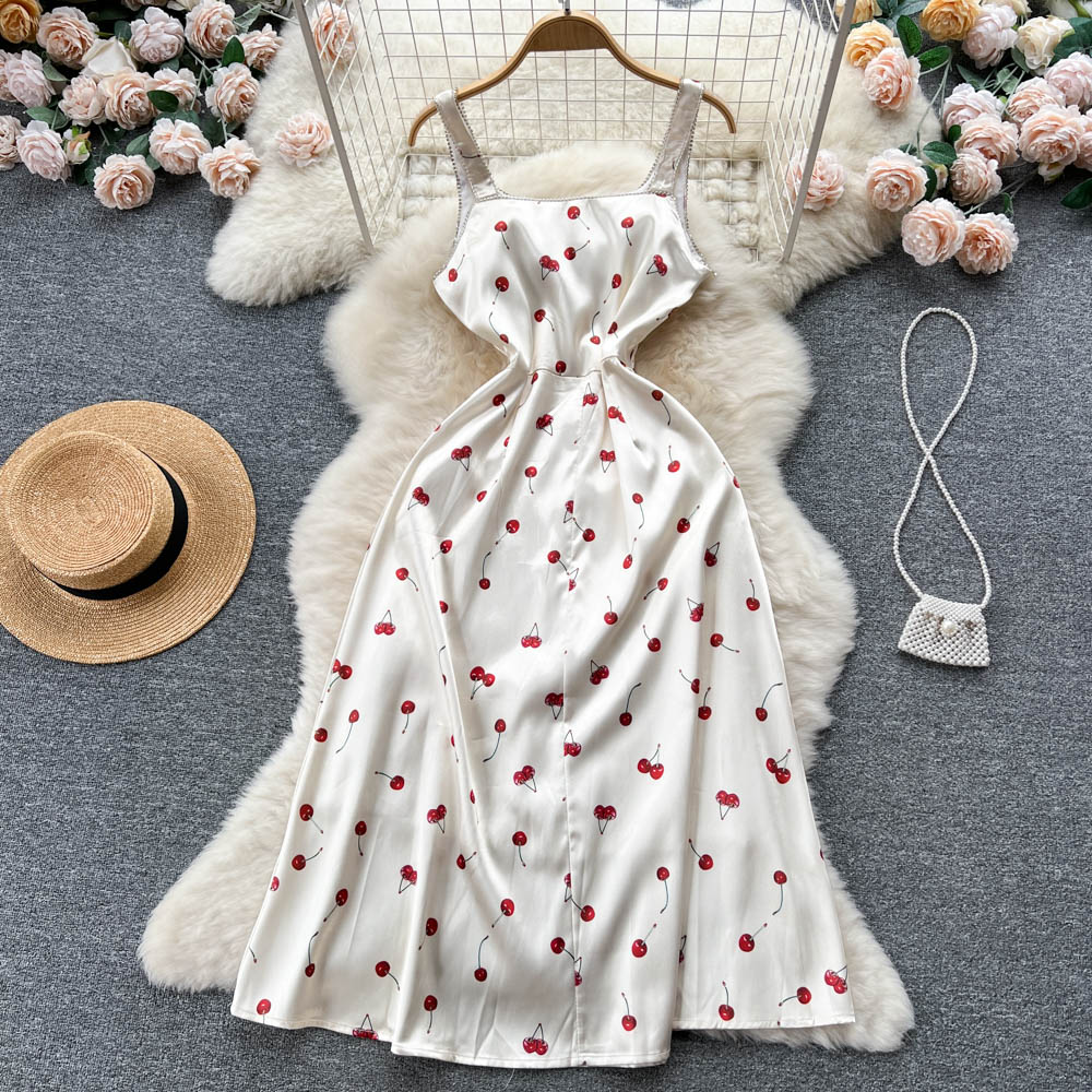 Satinkleid mit Kirschdruck, süßes Sommerkleid 1131