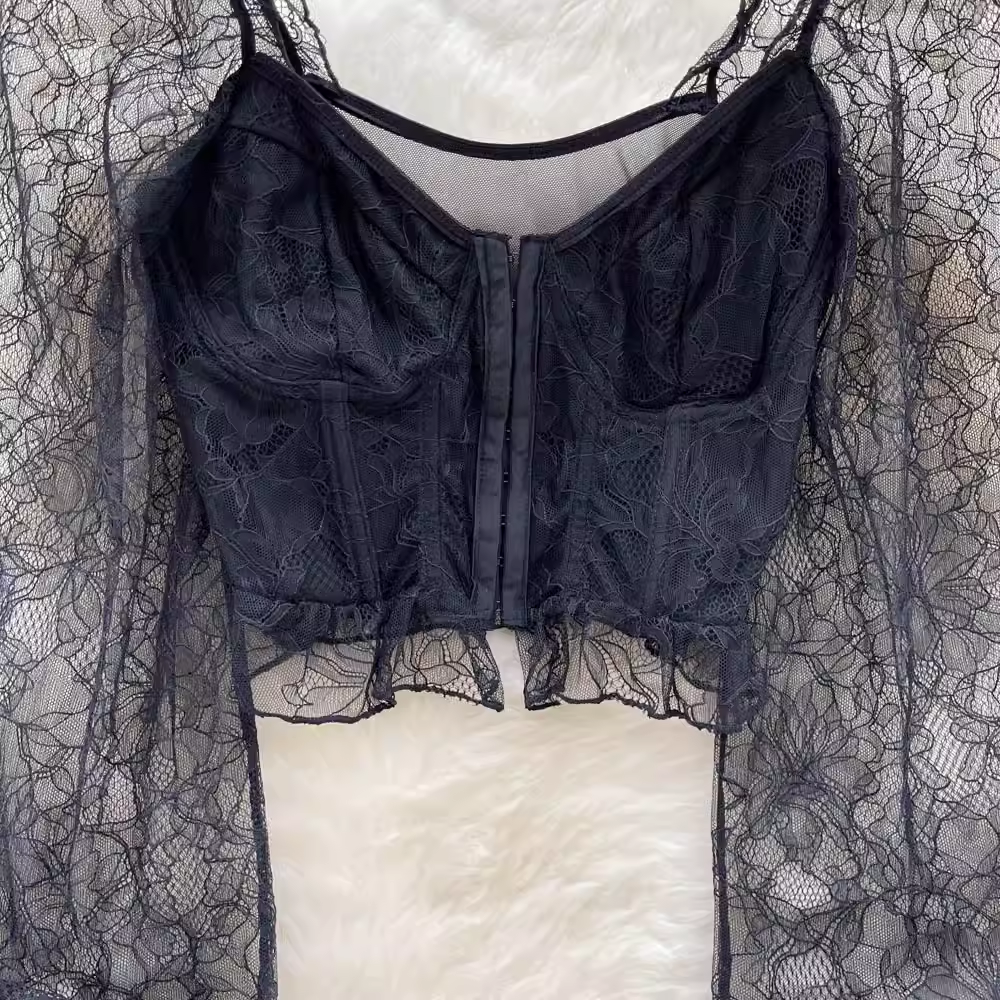 Spring Summer Sexy Lace Shirt French Mesh Square Collar Top 1066