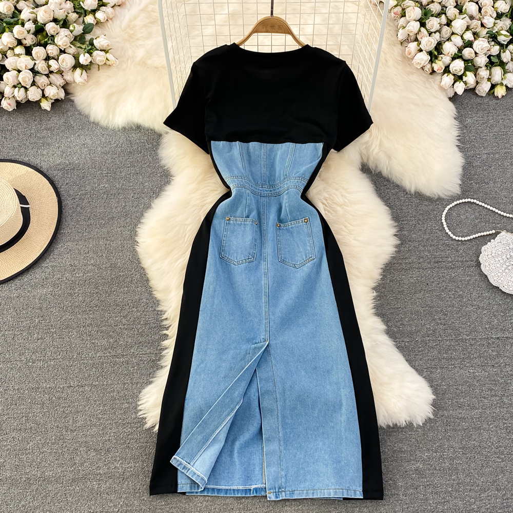 Sommer-Retro-Kleid im Hongkong-Stil, Rundhals-Denim-Kleid in A-Linie 1290