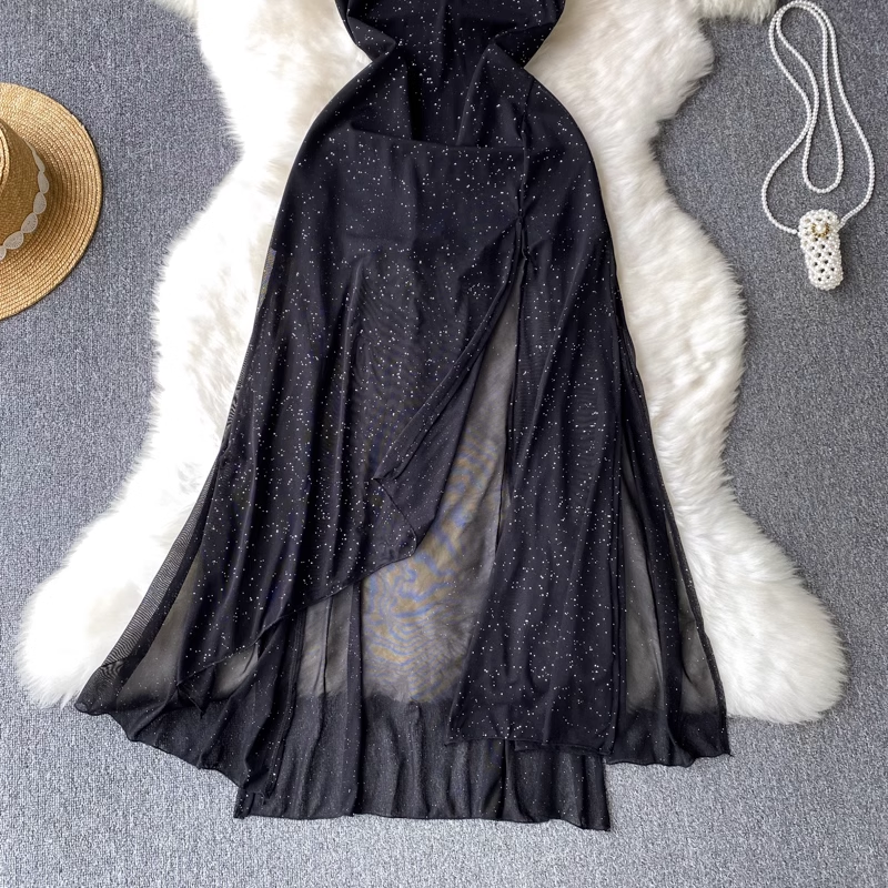 Sommerkleid aus Netzstoff mit Schlitz und V-Ausschnitt, feenhaftes, glitzerndes schwarzes Kleid 1248
