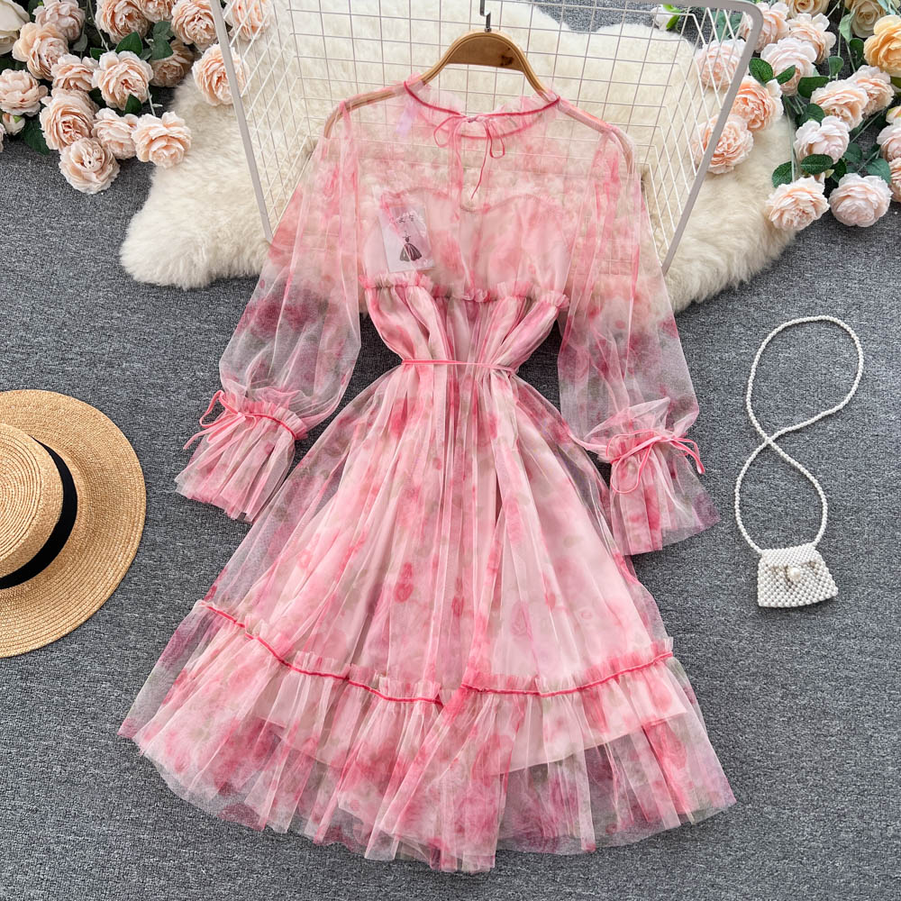 Französisches süßes Kleid mit langen Ärmeln, Herbst-Mesh-Flora-Prinzessinnenkleid 1220