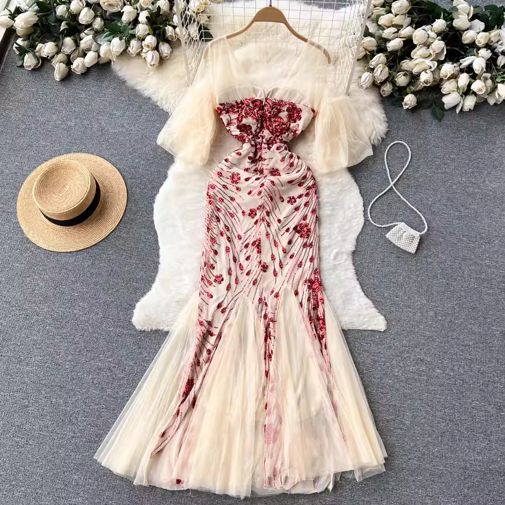 Mesh-Pailletten-Schlitz-Abendkleid für Damen, Meerjungfrau, formelles Kleid 1224