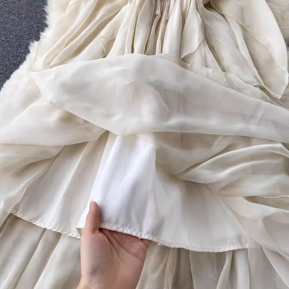French Square Neck Ruffle Dress Irregular Swing Long Dress 1214
